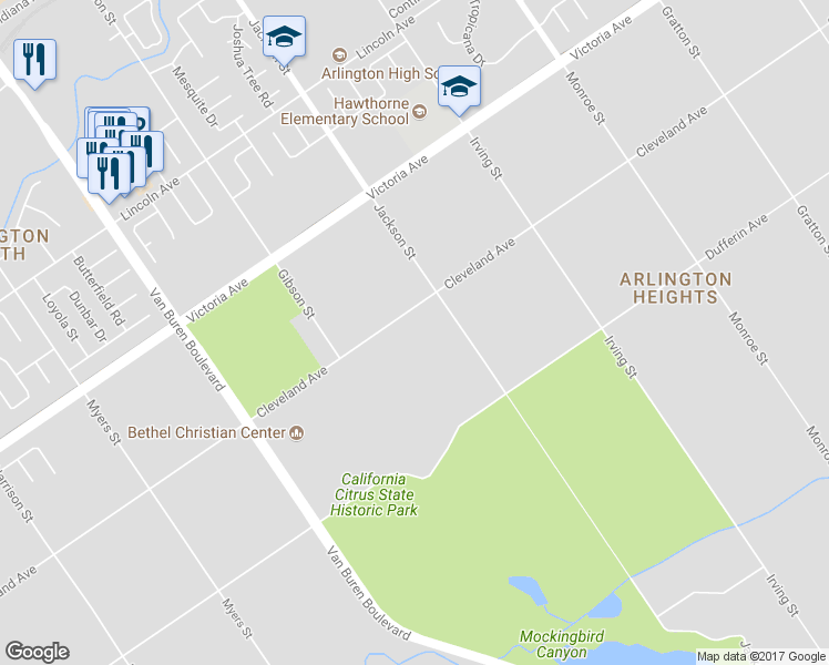 map of restaurants, bars, coffee shops, grocery stores, and more near 9160 Cleveland Avenue in Riverside
