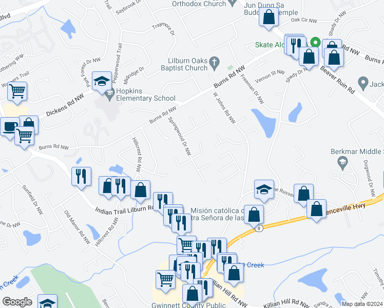 map of restaurants, bars, coffee shops, grocery stores, and more near 678 Springwood Drive Northwest in Lilburn