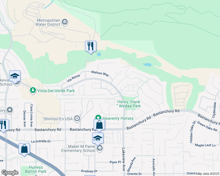 map of restaurants, bars, coffee shops, grocery stores, and more near 3938 Colonial Court in Yorba Linda