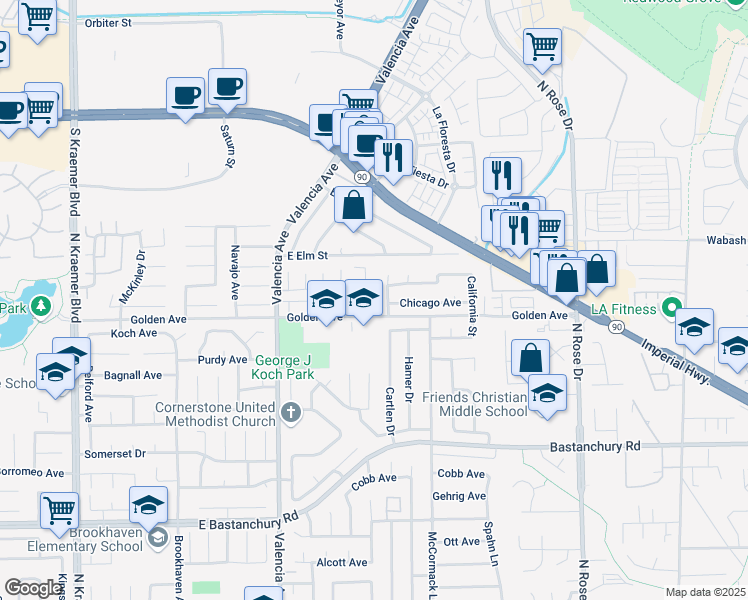 map of restaurants, bars, coffee shops, grocery stores, and more near 2313 Cartlen Drive in Placentia