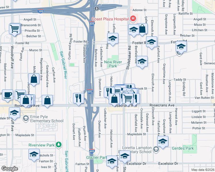map of restaurants, bars, coffee shops, grocery stores, and more near 14002 Leibacher Avenue in Norwalk