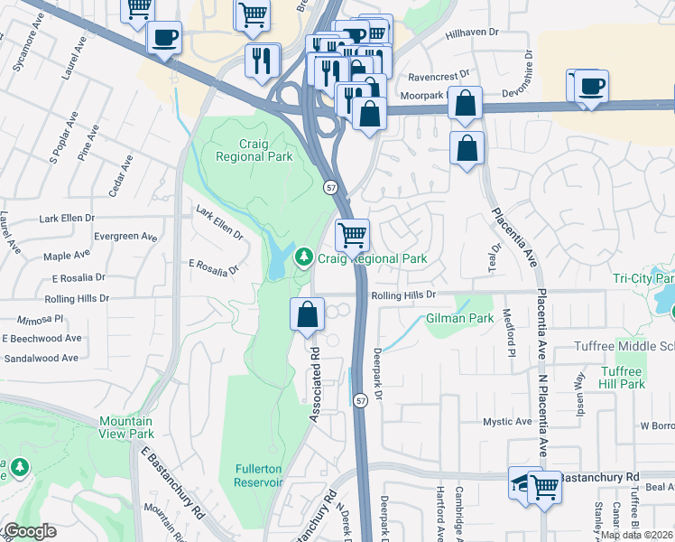map of restaurants, bars, coffee shops, grocery stores, and more near 3026 Associated Road in Fullerton