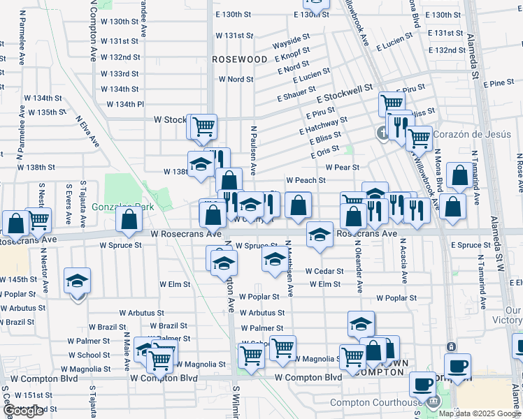 map of restaurants, bars, coffee shops, grocery stores, and more near 634 West Plum Street in Compton