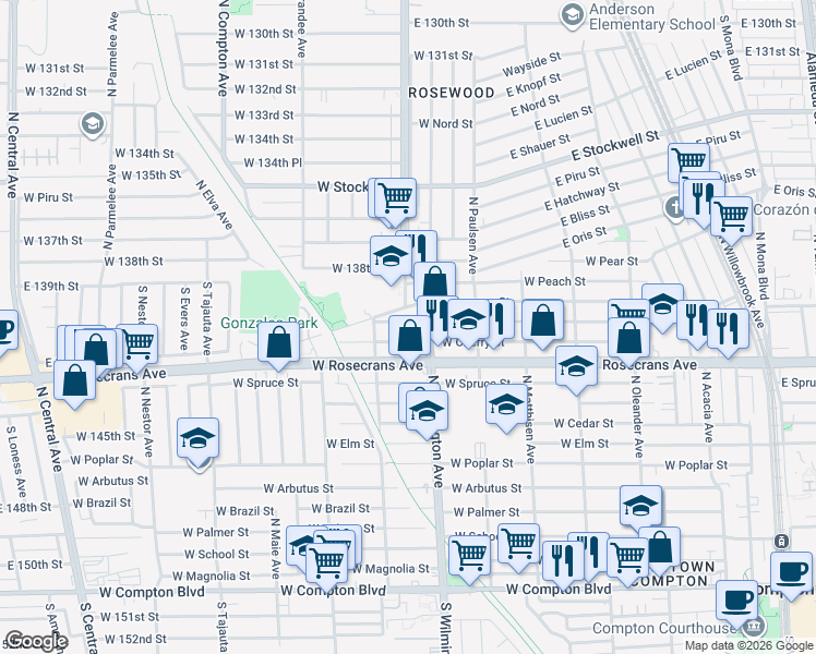 map of restaurants, bars, coffee shops, grocery stores, and more near 816 West Plum Street in Compton