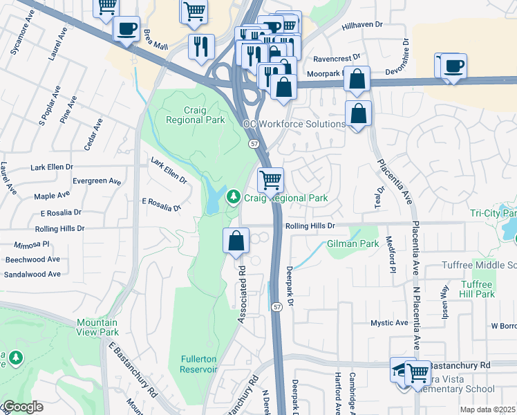 map of restaurants, bars, coffee shops, grocery stores, and more near 3000 Associated Road in Fullerton