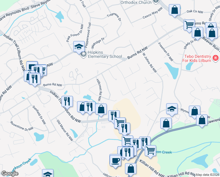 map of restaurants, bars, coffee shops, grocery stores, and more near 705 Jacksons Mill Way Northwest in Lilburn