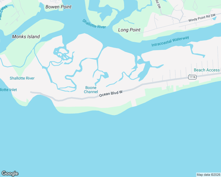 map of restaurants, bars, coffee shops, grocery stores, and more near 116 Loggerhead Dr in Holden Beach