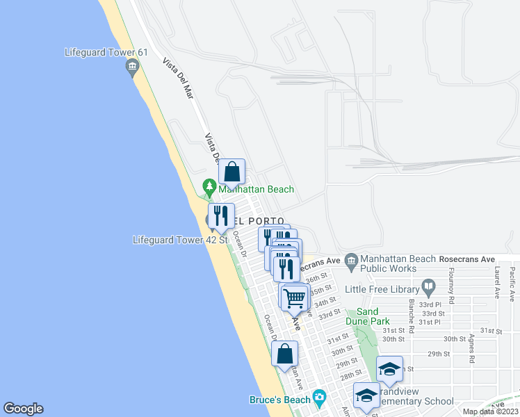 map of restaurants, bars, coffee shops, grocery stores, and more near 4209 Crest Drive in Manhattan Beach