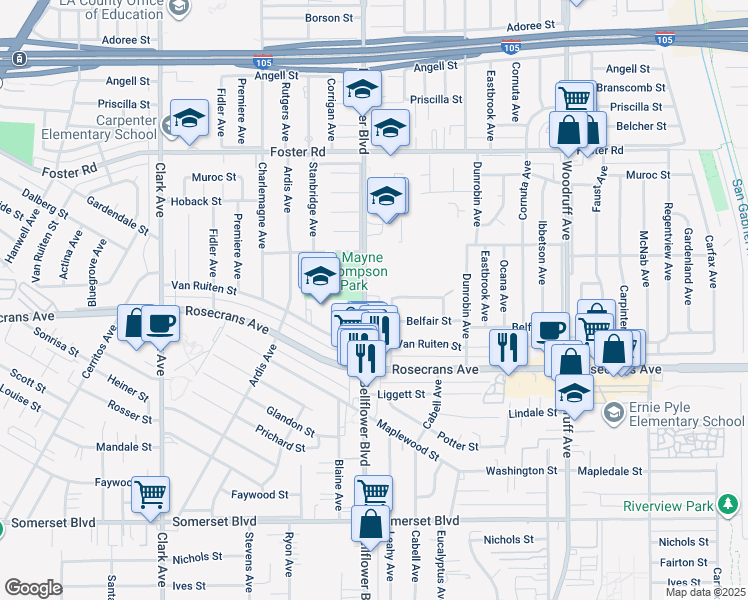 map of restaurants, bars, coffee shops, grocery stores, and more near 14008 Bellflower Boulevard in Bellflower