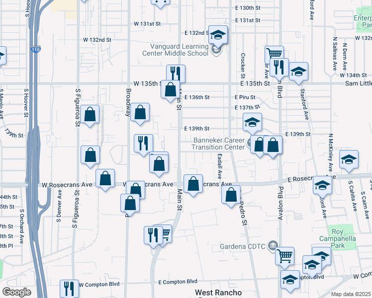 map of restaurants, bars, coffee shops, grocery stores, and more near 113 East 140th Street in Los Angeles
