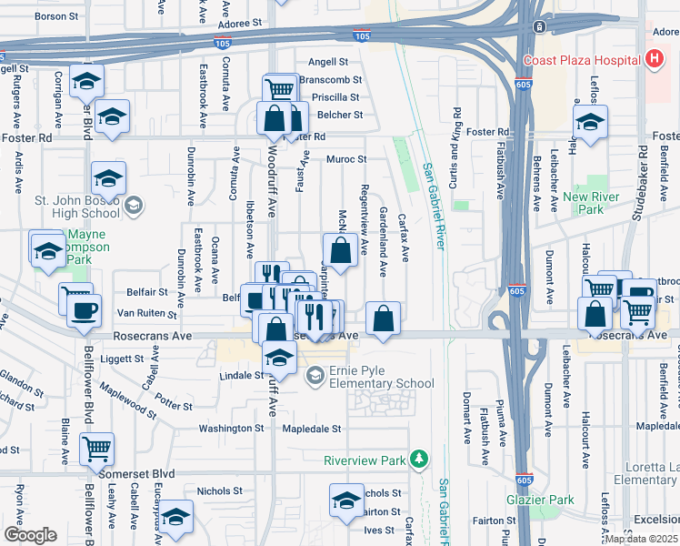 map of restaurants, bars, coffee shops, grocery stores, and more near 13913 McNab Avenue in Bellflower