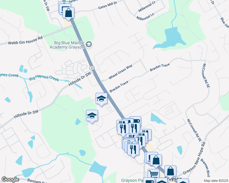 map of restaurants, bars, coffee shops, grocery stores, and more near 470 Brackin Trace in Grayson