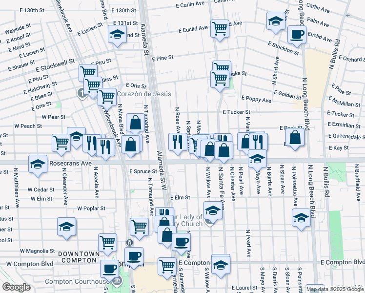 map of restaurants, bars, coffee shops, grocery stores, and more near 1214 North Rose Avenue in Compton