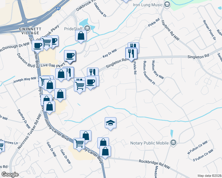 map of restaurants, bars, coffee shops, grocery stores, and more near 1515 Elm Creek Lane Northwest in Norcross