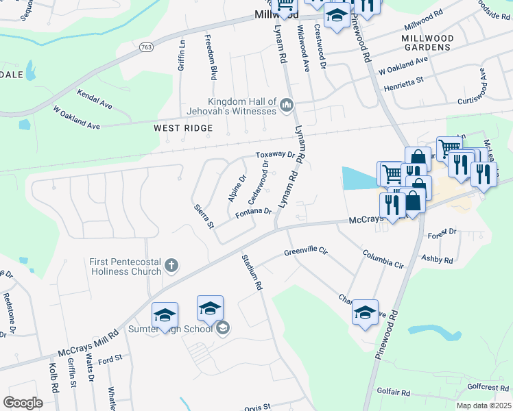map of restaurants, bars, coffee shops, grocery stores, and more near 2331 Fontana Drive in Sumter