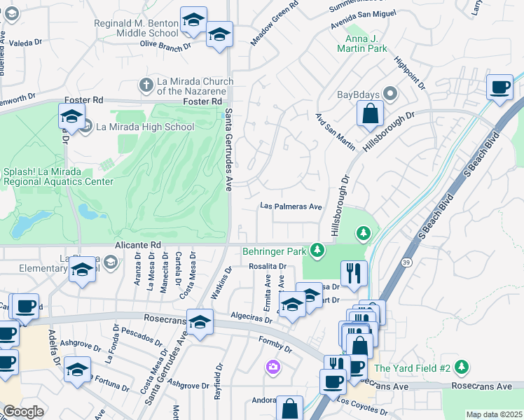 map of restaurants, bars, coffee shops, grocery stores, and more near 14006 Las Puertas Street in La Mirada