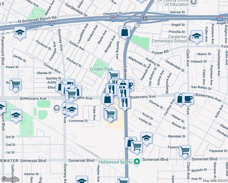 map of restaurants, bars, coffee shops, grocery stores, and more near 13530 Deming Avenue in Downey
