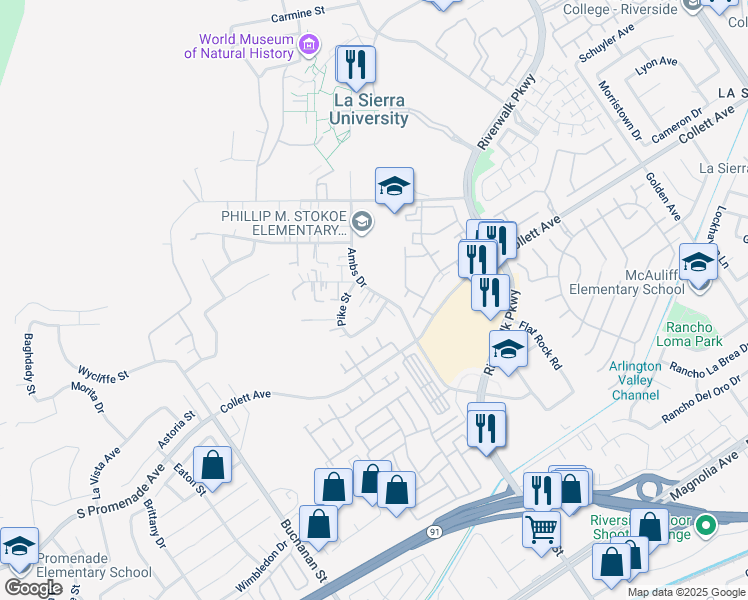 map of restaurants, bars, coffee shops, grocery stores, and more near 4320 Ambs Drive in Riverside