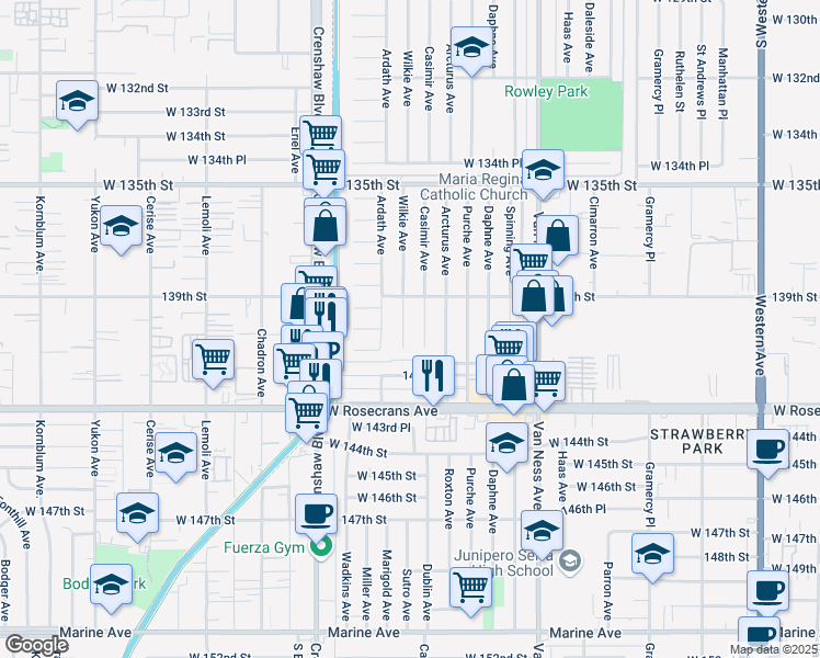 map of restaurants, bars, coffee shops, grocery stores, and more near 14000 Wilkie Avenue in Gardena