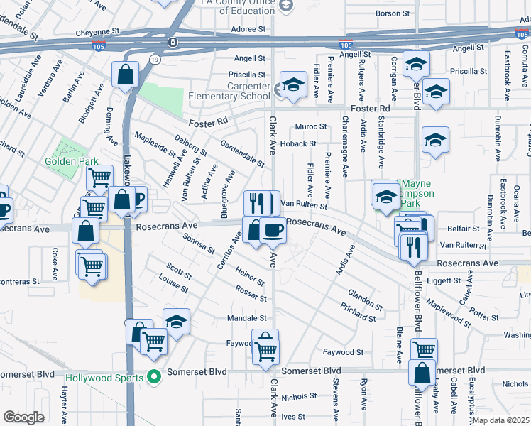 map of restaurants, bars, coffee shops, grocery stores, and more near 9409 Rosecrans Avenue in Bellflower