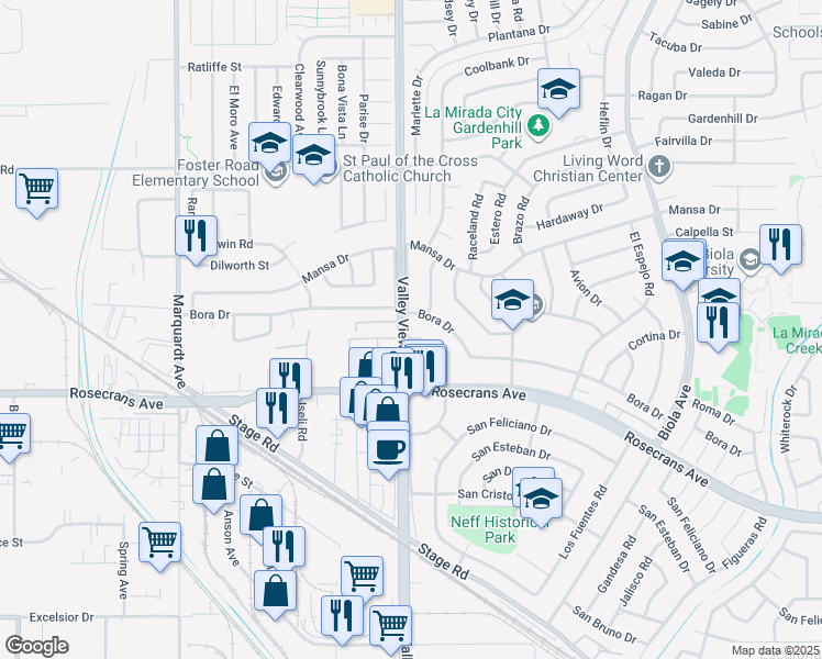 map of restaurants, bars, coffee shops, grocery stores, and more near 13902 De Alcala Drive in La Mirada
