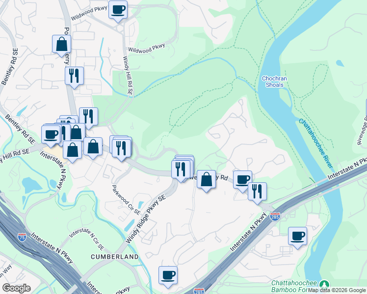 map of restaurants, bars, coffee shops, grocery stores, and more near 3301 Windy Ridge Parkway Southeast in Atlanta