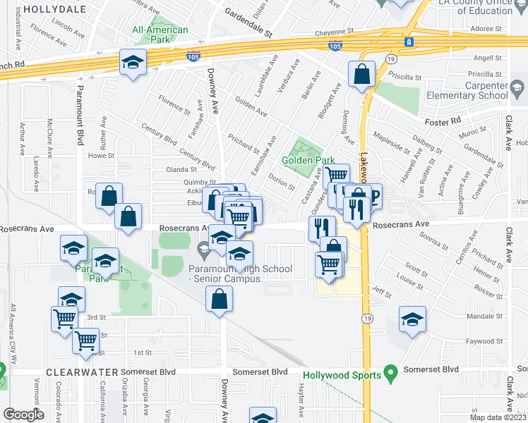 map of restaurants, bars, coffee shops, grocery stores, and more near 8602 Elburg Street in Paramount