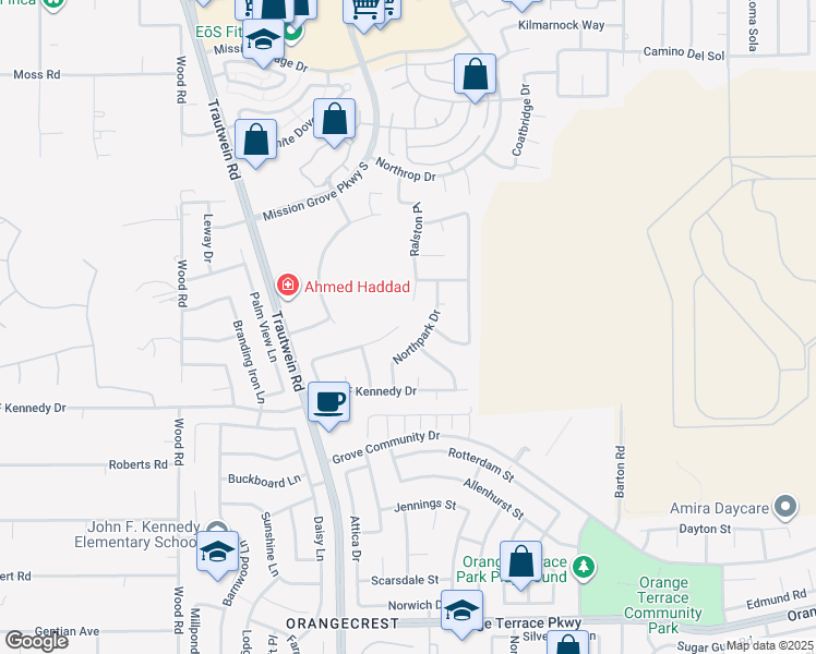 map of restaurants, bars, coffee shops, grocery stores, and more near 19495 De Marco Road in Riverside