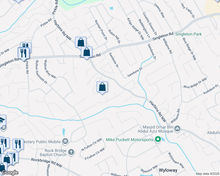 map of restaurants, bars, coffee shops, grocery stores, and more near 1214 Willow Brook Court in Norcross