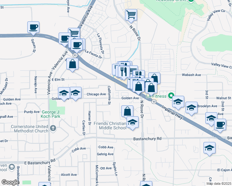 map of restaurants, bars, coffee shops, grocery stores, and more near 2430 Villena Way in Placentia