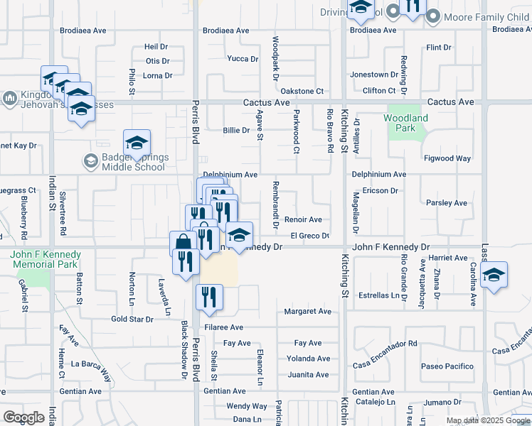 map of restaurants, bars, coffee shops, grocery stores, and more near 14880 La Brisis Way in Moreno Valley