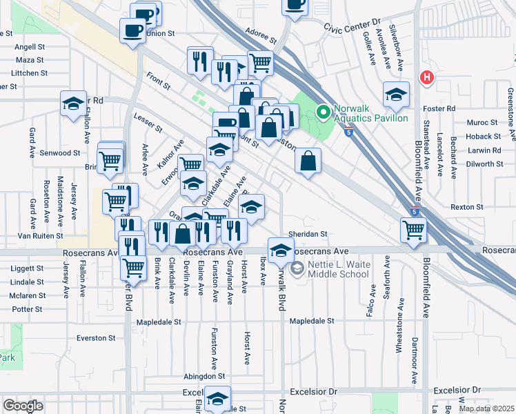 map of restaurants, bars, coffee shops, grocery stores, and more near 12162 Pine Street in Norwalk