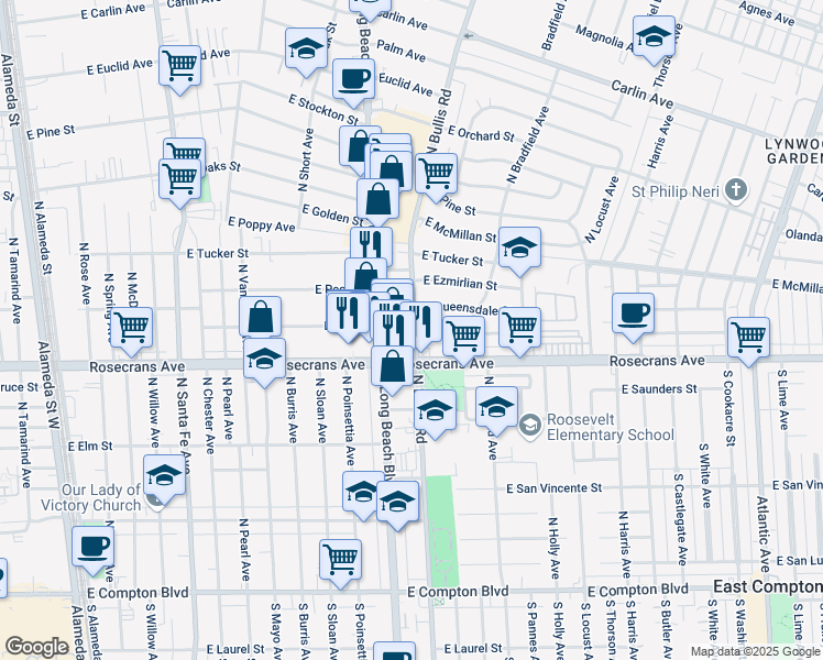 map of restaurants, bars, coffee shops, grocery stores, and more near 1213 North Bullis Road in Compton