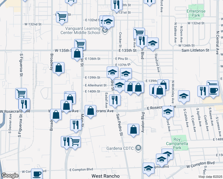 map of restaurants, bars, coffee shops, grocery stores, and more near 247 East 140th Street in Los Angeles