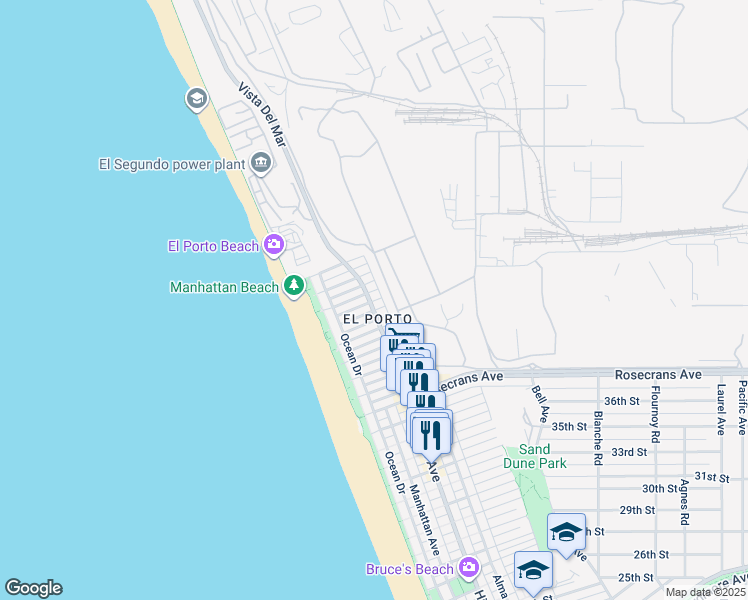 map of restaurants, bars, coffee shops, grocery stores, and more near in Manhattan Beach