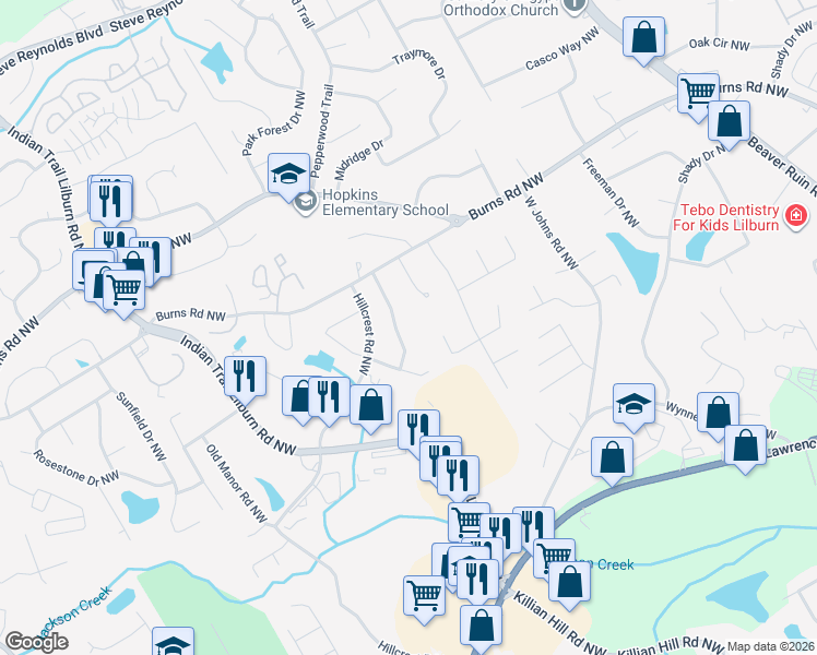 map of restaurants, bars, coffee shops, grocery stores, and more near 705 Jacksons Mill Way Northwest in Lilburn