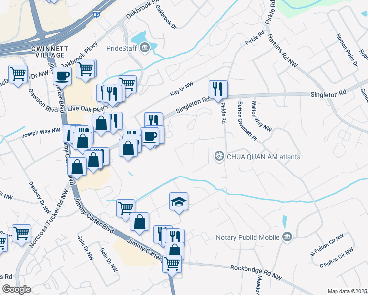 map of restaurants, bars, coffee shops, grocery stores, and more near 1515 Elm Creek Lane Northwest in Norcross
