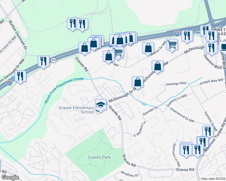 map of restaurants, bars, coffee shops, grocery stores, and more near 1779 Brookside Lay Circle in Norcross