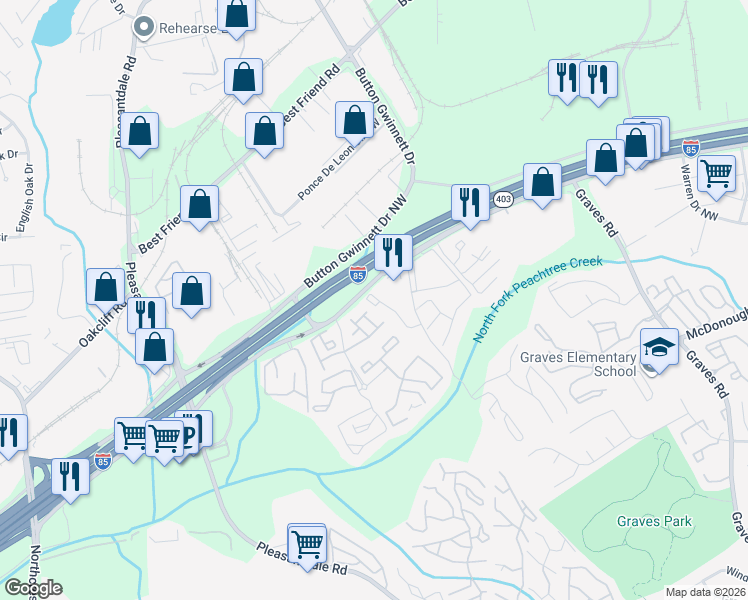map of restaurants, bars, coffee shops, grocery stores, and more near 813 Seasons Parkway in Norcross