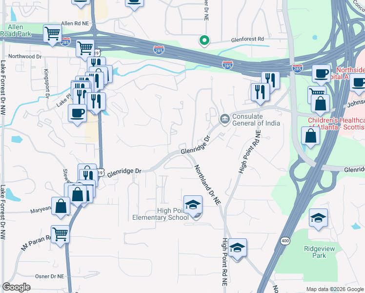 map of restaurants, bars, coffee shops, grocery stores, and more near 5492 Glenridge Stratford Drive in Atlanta