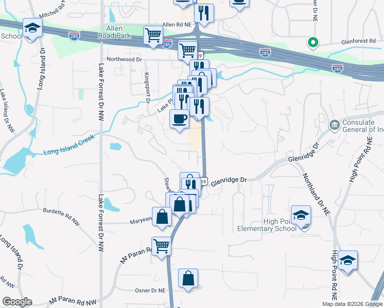 map of restaurants, bars, coffee shops, grocery stores, and more near 5461 Battery Lane North East in Atlanta