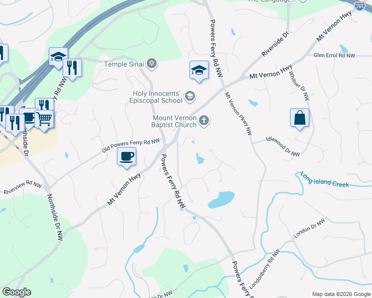 map of restaurants, bars, coffee shops, grocery stores, and more near 105 Parc Du Chateau Northwest in Atlanta