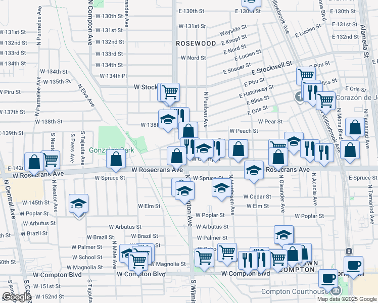map of restaurants, bars, coffee shops, grocery stores, and more near 728 West Plum Street in Compton