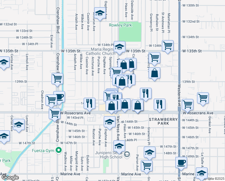 map of restaurants, bars, coffee shops, grocery stores, and more near 14000 Spinning Avenue in Gardena