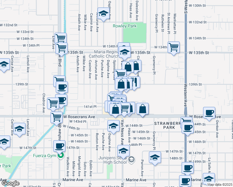 map of restaurants, bars, coffee shops, grocery stores, and more near 14000 Spinning Avenue in Gardena
