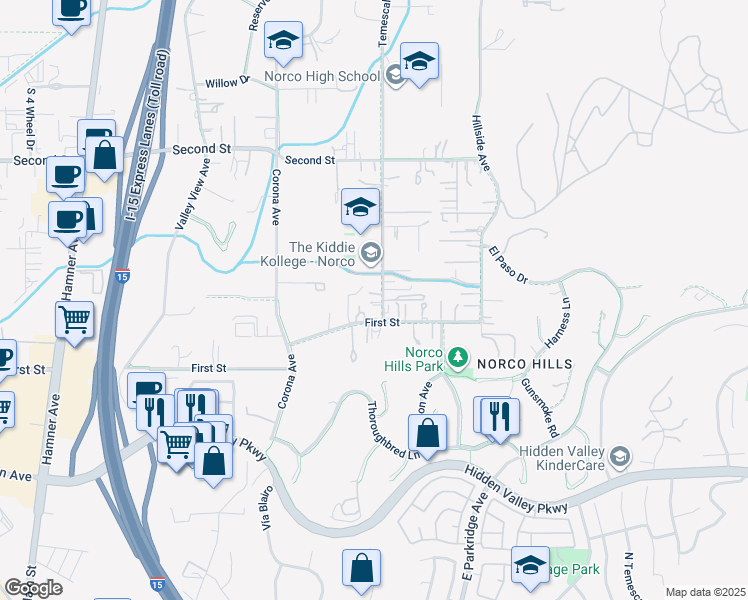 map of restaurants, bars, coffee shops, grocery stores, and more near 1536 Temescal Avenue in Norco