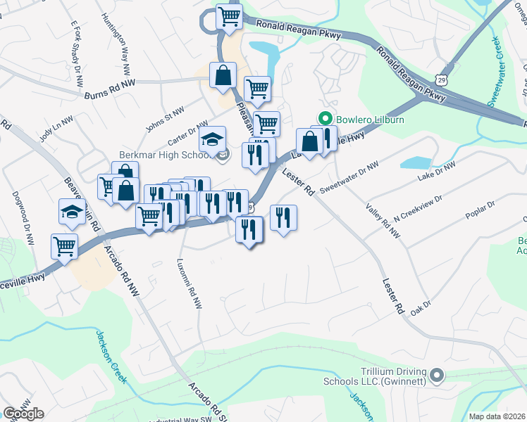 map of restaurants, bars, coffee shops, grocery stores, and more near 3950 Lawrenceville Highway in Lilburn