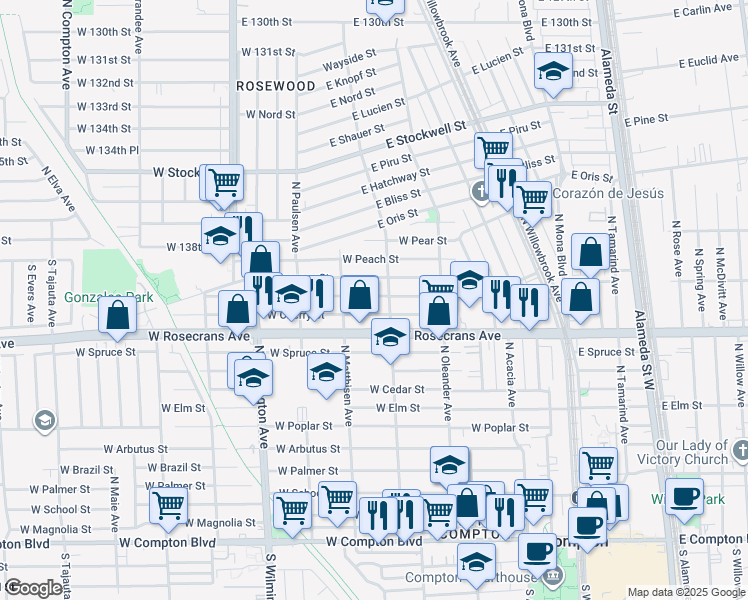 map of restaurants, bars, coffee shops, grocery stores, and more near 514 West Plum Street in Compton
