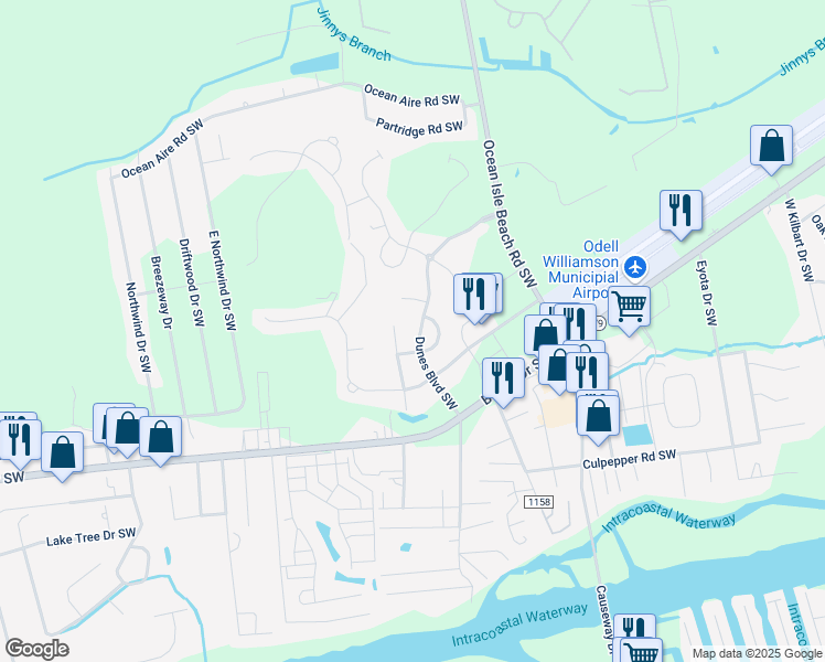 map of restaurants, bars, coffee shops, grocery stores, and more near 1444 Dunes Boulevard Southwest in Ocean Isle Beach