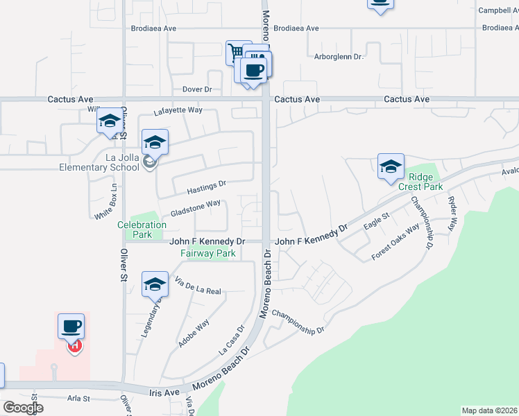 map of restaurants, bars, coffee shops, grocery stores, and more near 27964 John F Kennedy Drive in Moreno Valley